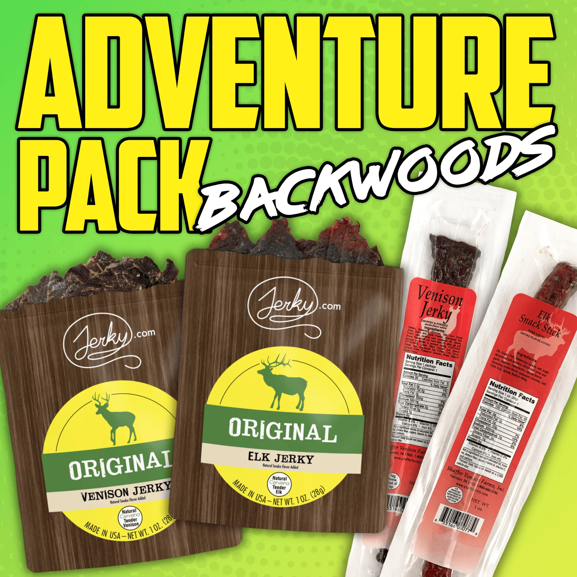 4 pc Adventure Pack: Backwoods Bundle - High Protein, Healthy, Low Fat Dried Snack Sticks - Venison Jerky, Elk Jerky, & 2 Exotic Meat Sticks