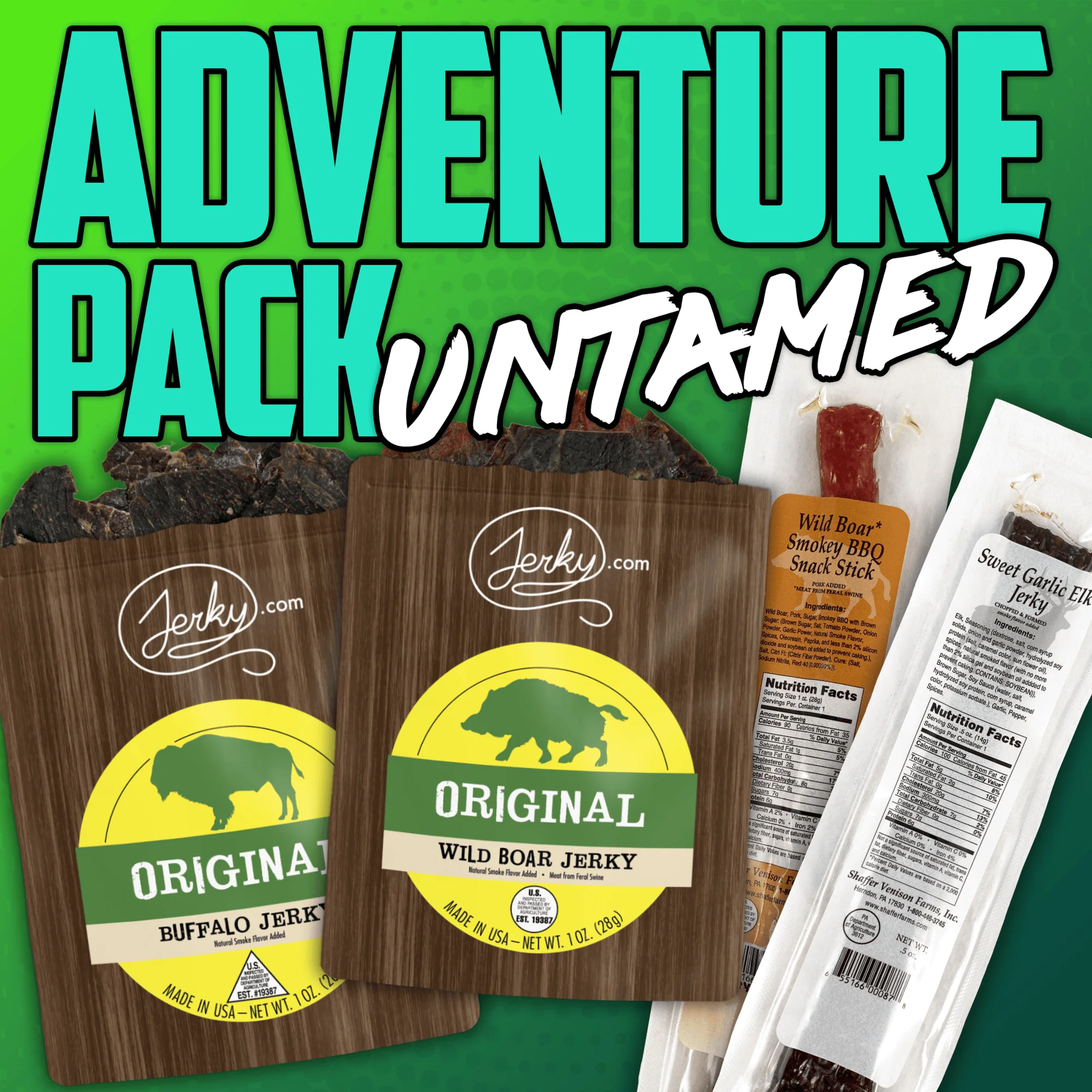 4 pc Adventure Pack: Untamed - High Protein, Healthy, Low Fat Dried Snack Sticks - Buffalo Jerky, Boar Jerky, & 2 Exotic Meat Sticks