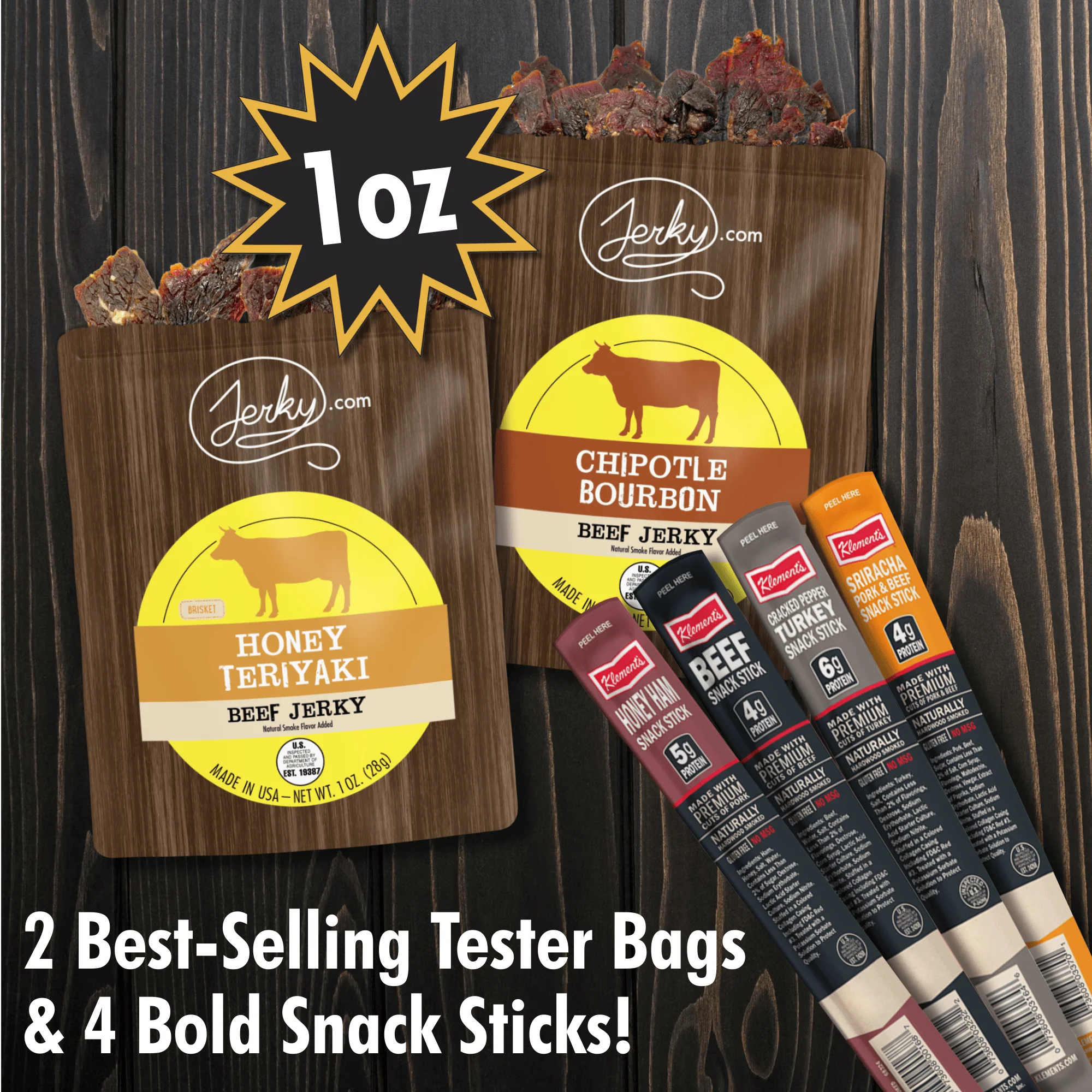 6 pc Jerky Sampler Packs & Meat Stick Bundle - High Protein, Healthy, Low Fat Dried Snack Sticks - Honey Teriyaki Jerky, Chipotle Bourbon Jerky, Assorted Beef Sticks - 5.2 total oz.
