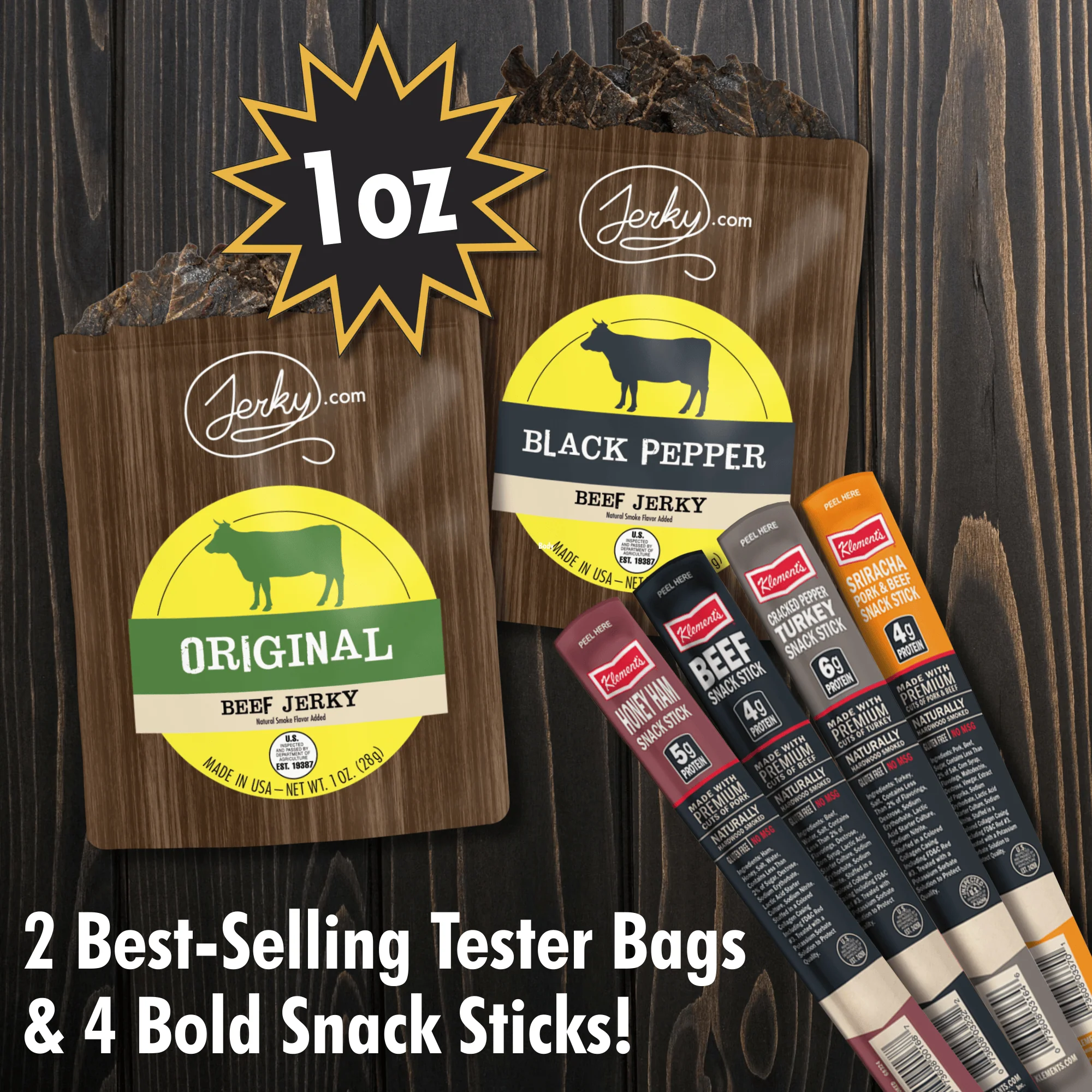 6 pc Jerky Sampler Packs & Meat Stick Bundle - High Protein, Healthy, Low Fat Dried Snack Sticks - Original Jerky, Black Pepper Jerky, Assorted Beef Sticks - 5.2 total oz.