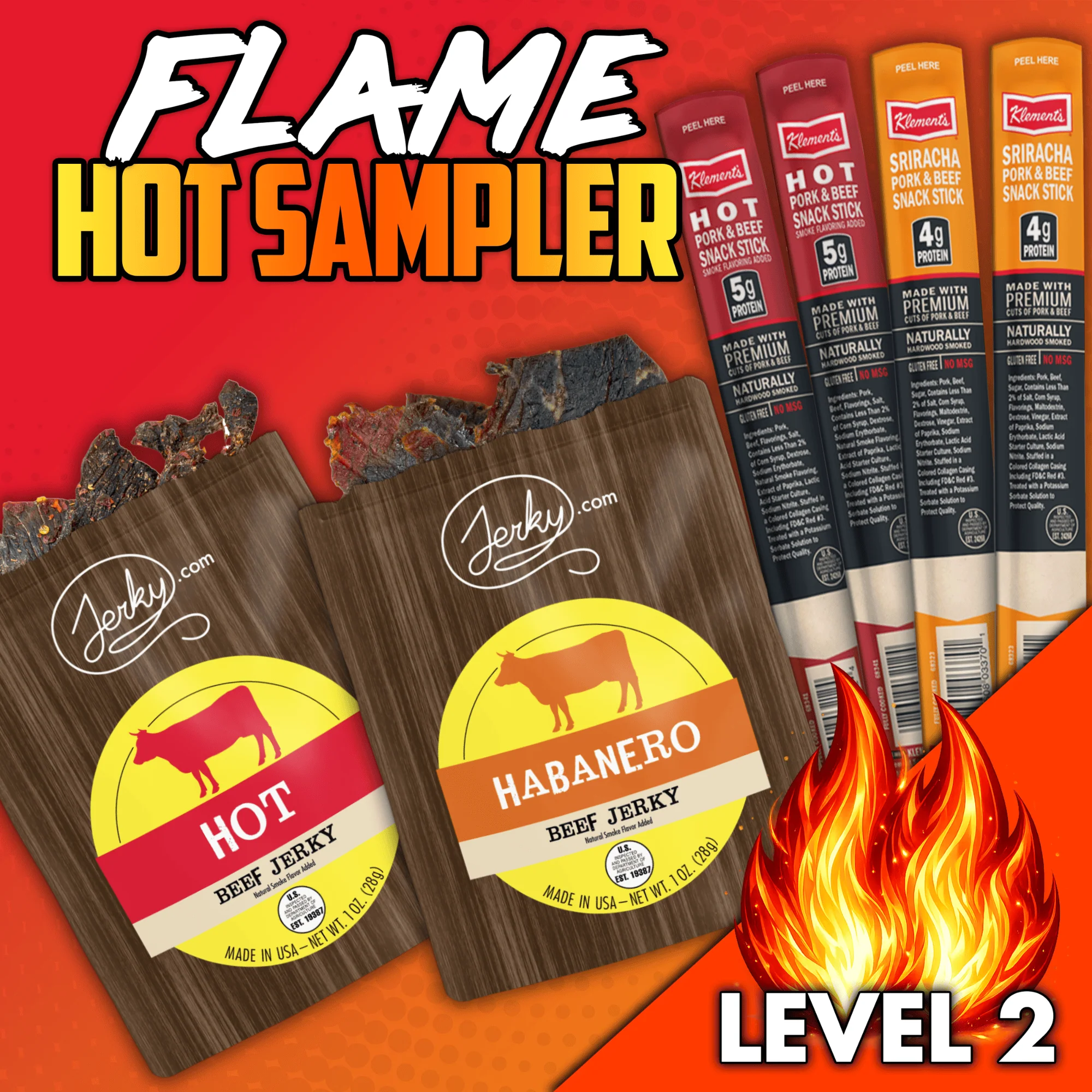 6pc. Flame Hot Sampler - High Protein, Healthy, Low Fat Dried Snack Sticks - Hot Jerky, Habanero Jerky, Assorted Hot Beef & Pork Sticks - 5.2 total oz.