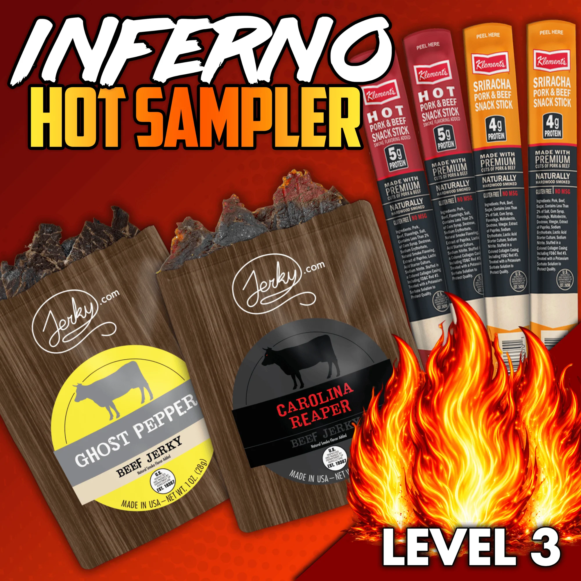 6pc. Inferno Hot Sampler - High Protein, Healthy, Low Fat Dried Snack Sticks - Ghost Pepper Jerky, Carolina Reaper Jerky, Assorted Hot Beef & Pork Sticks - 5.2 total oz.