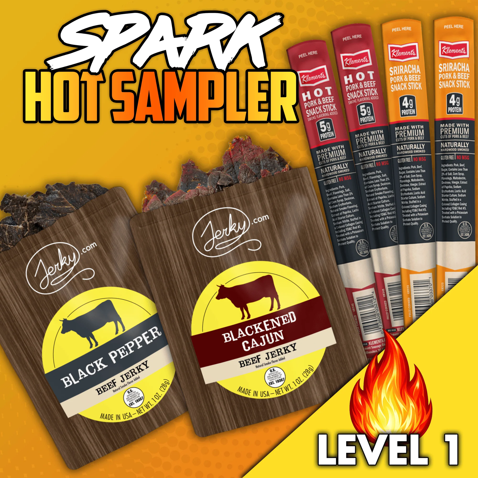 6pc. Spark Hot Sampler - High Protein, Healthy, Low Fat Dried Snack Sticks - Black Pepper Jerky, Blackened Cajun Jerky, Assorted Hot Beef & Pork Sticks - 5.2 total oz.